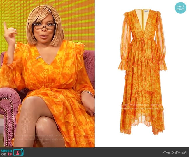 Ruffle Chiffon Long Sleeve Gown by Amur worn by Wendy Williams on The Wendy Williams Show