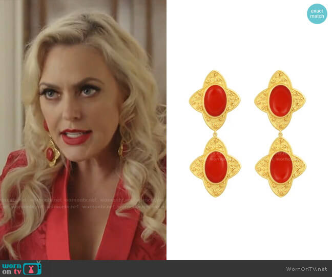 Carolina Earrings in Coral by Angelina Alvarez worn by Alexis Carrington (Elaine Hendrix) on Dynasty