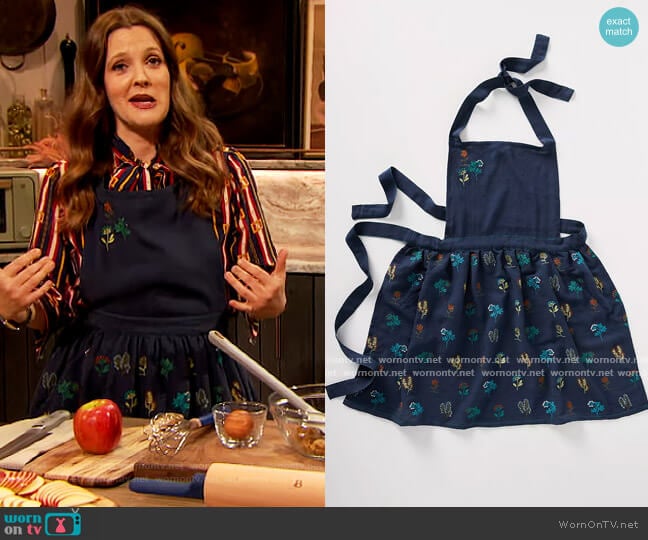 Stacia Embroidered Indigo Apron by Anthropologie worn by Drew Barrymore on The Drew Barrymore Show