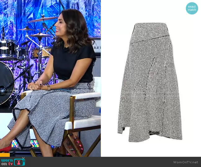 Asymmetric Frayed Bouclé Midi Skirt by 3.1 Phillip Lim worn by Cecilia Vega on Good Morning America