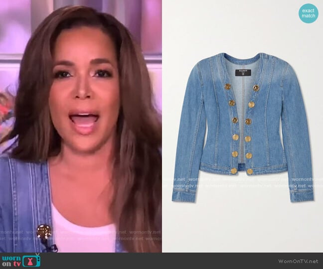 Button-embellished denim jacket by Balmain worn by Sunny Hostin on The View