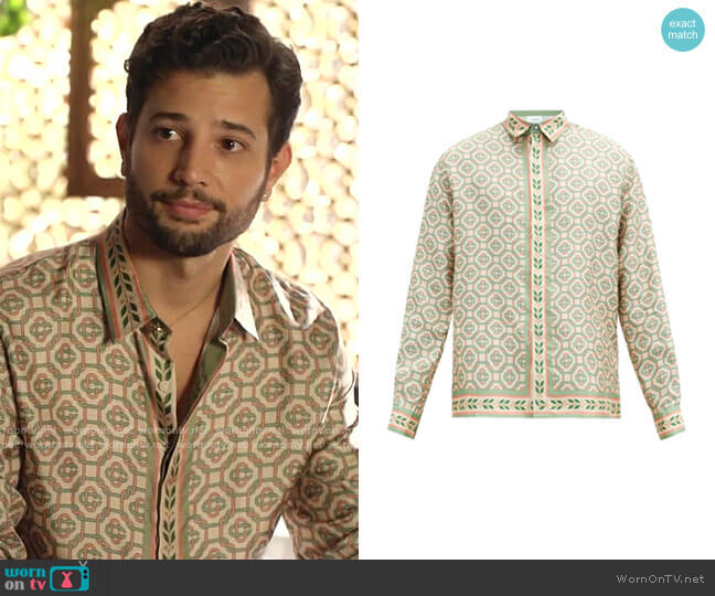 Laurel-Print Silk-Twill Shirt by Casablanca worn by Sam Flores (Rafael de la Fuente) on Dynasty