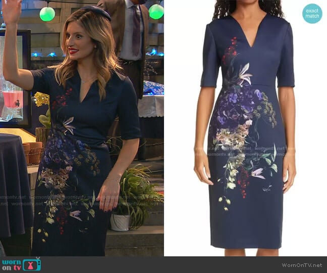 Carvir Floral Sheath Dress by Ted Baker worn by Chelsea Grayson (Anneliese van der Pol) on Ravens Home