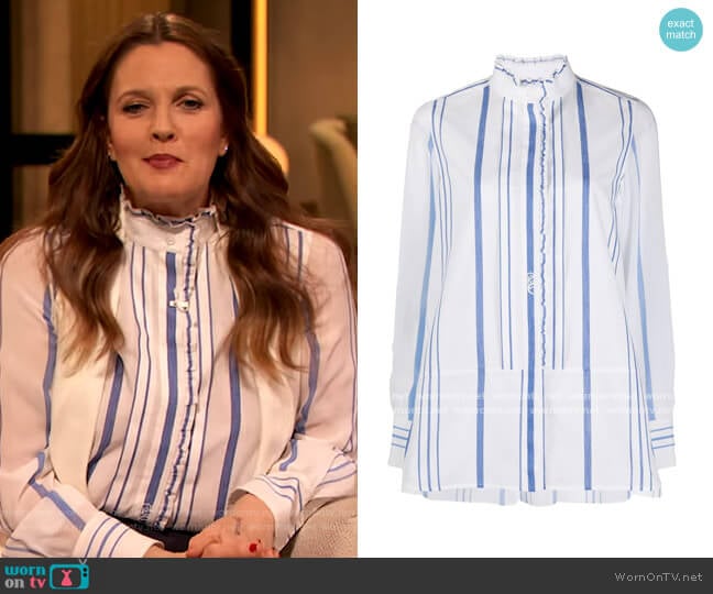 Striped Ruffle Trim Blouse by Chloe worn by Drew Barrymore on The Drew Barrymore Show