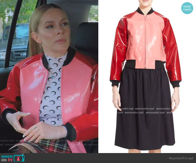 Enamel Faux Leather Bomber Jacket by Comme Des Garcons worn by Leah McSweeney on The Real Housewives of New York City