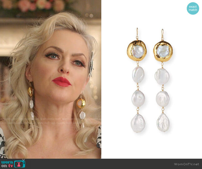 Triple Pearl Drop Earrings by Devon Leigh worn by Alexis Carrington (Elaine Hendrix) on Dynasty