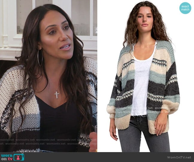 Fuzzy Stripe Chunky Knit Oversized Cardigan Sweater by Elan worn by Melissa Gorga on The Real Housewives of New Jersey