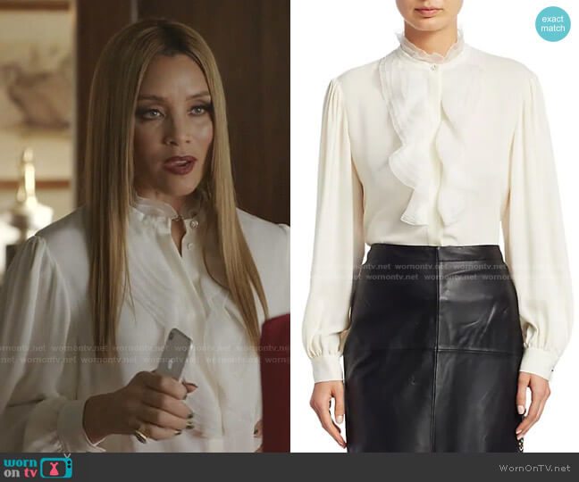 Nati Chiffon Silk Ruffle Blouse by Escada worn by Dominique Deveraux (Michael Michele) on Dynasty