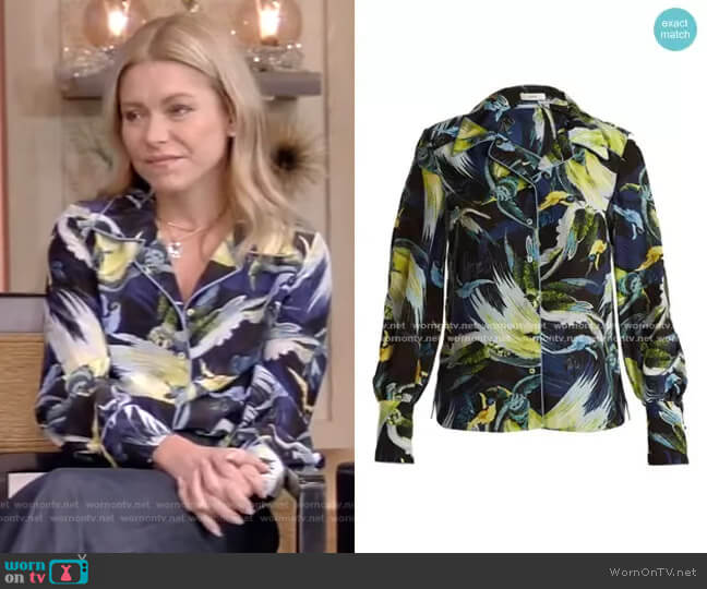 Fae Night Bird-print Shirt by Erdem worn by Kelly Ripa on Live with Kelly and Mark