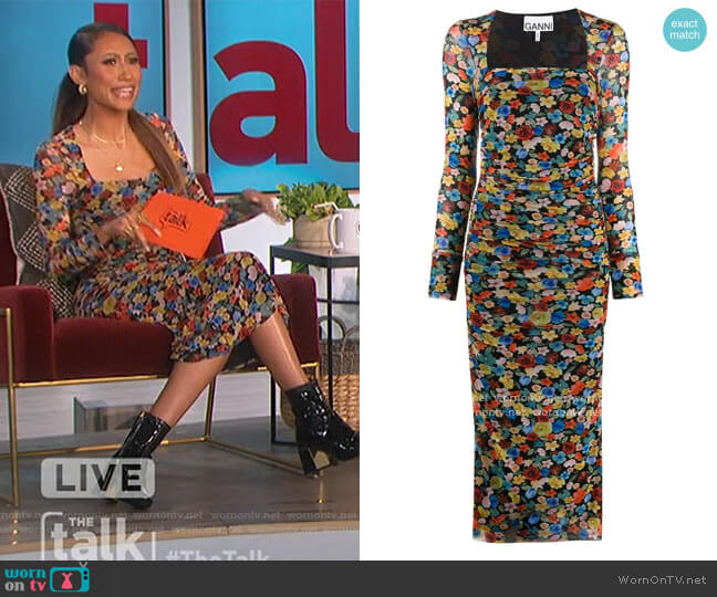 Floral-print ruched midi dress by Ganni worn by Elaine Welteroth on The Talk