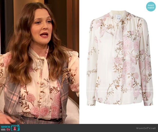 Floral Print Silk Blouse by Giambattista Valli worn by Drew Barrymore on The Drew Barrymore Show