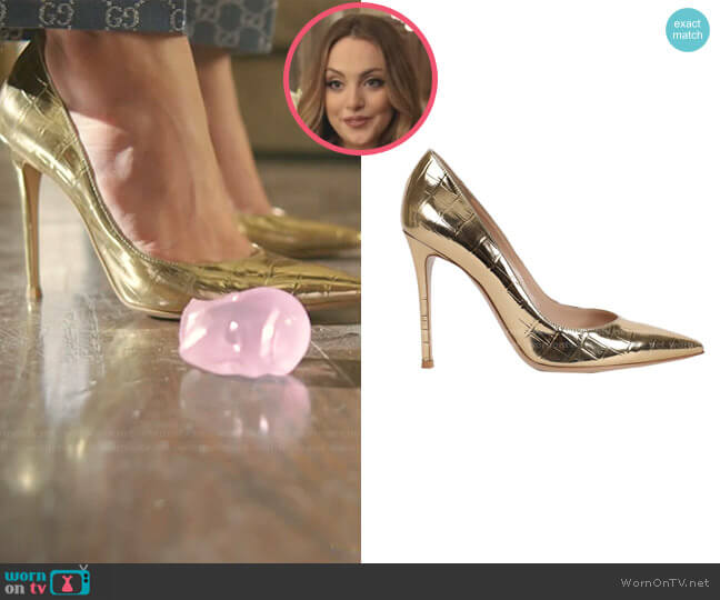 Croc-Embossed Pumps by Gianvito Rossi worn by Fallon Carrington (Elizabeth Gillies) on Dynasty