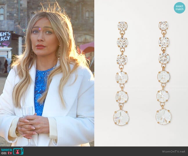 Gold-Tone Swarovski Crystal Earrings by Roxanne Assoulin worn by Kelsey Peters (Hilary Duff) on Younger