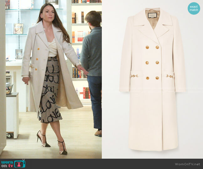 Horsebit-Detailed Double-Breasted Coat by Gucci worn by Liza Miller (Sutton Foster) on Younger