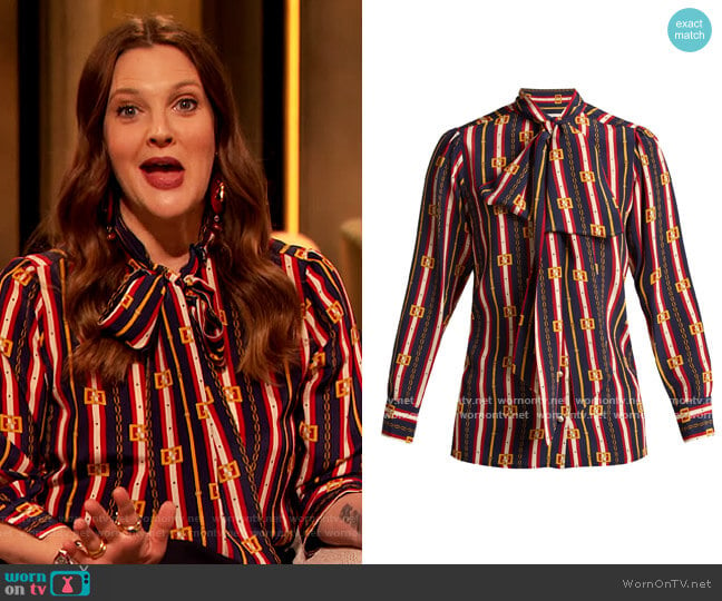 Chain-print silk shirt by Gucci worn by Drew Barrymore on The Drew Barrymore Show