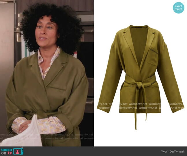 Belted-waist twill jacket by Haider Ackermann worn by Rainbow Johnson (Tracee Ellis Ross) on Black-ish