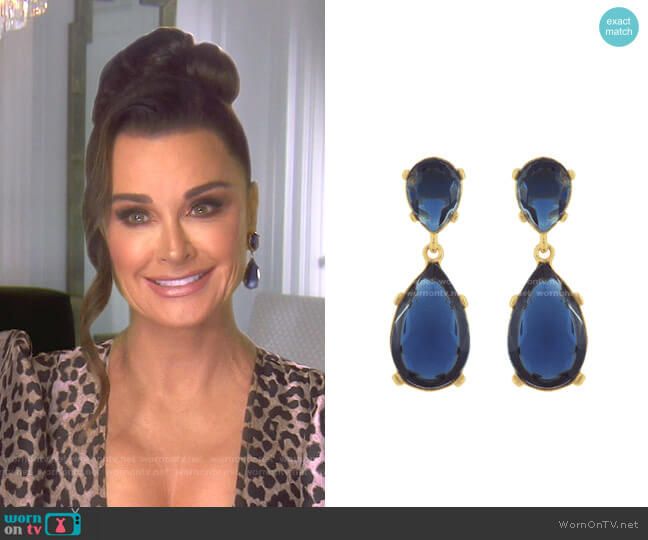 Sapphire-Color Crystal Double-Teardrop Earrings by Kenneth Jay Lane worn by Kyle Richards on The Real Housewives of Beverly Hills