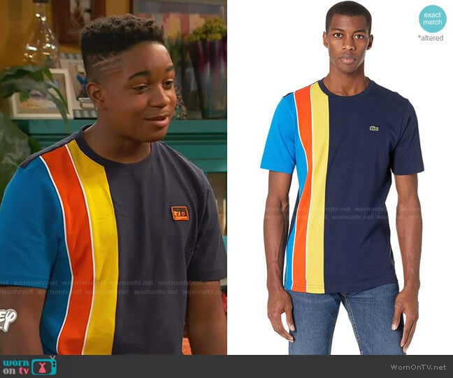 Short Sleeve Vertically Striped Color-Block Tee by Lacoste worn by Booker Baxter (Issac Ryan Brown) on Ravens Home