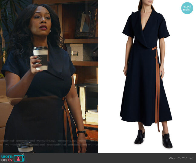 Short-Sleeve Wrap Dress with Leather Straps by Loewe worn by Lola Carmichael (Simone Missick) on All Rise