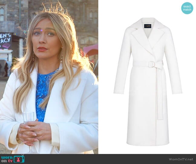 Belted White Wrap Coat by Louis Vuitton worn by Kelsey Peters (Hilary Duff) on Younger