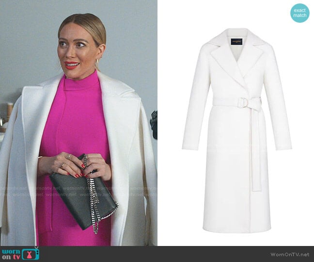 Belted White Wrap Coat by Louis Vuitton worn by Kelsey Peters (Hilary Duff) on Younger