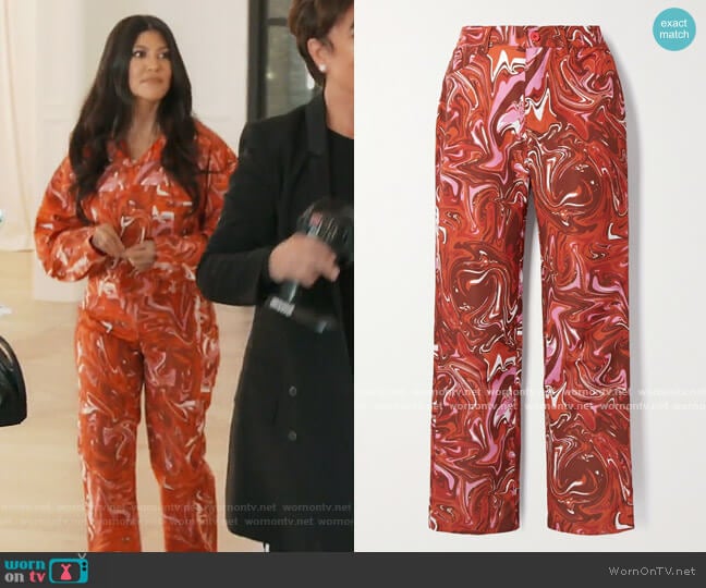 Jet printed shell straight-leg pants by Masie Wilen worn by Kim Kardashian on Keeping Up with the Kardashians