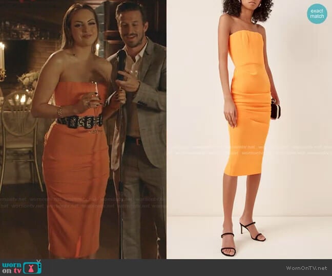 Mena Strapless Gathered Crepe Midi Dress In Orange by Alex Perry worn by Fallon Carrington (Elizabeth Gillies) on Dynasty