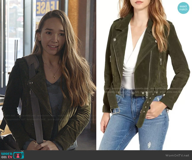 Morning Suede Moto Jacket by Blank NYC worn by Angelina Meyer (Holly Taylor ) on Manifest