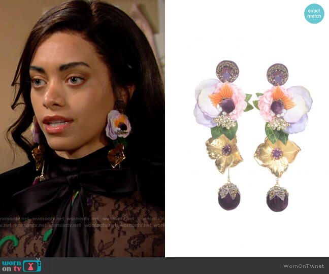 Ranjana Khan Divine Floral gold tone drop earrings worn by Zoe (Kiara Barnes) on The Bold and the Beautiful