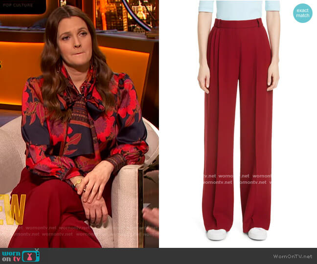 Pleated Wide Leg Wool Trousers by Rosetta Getty worn by Drew Barrymore  on The Drew Barrymore Show