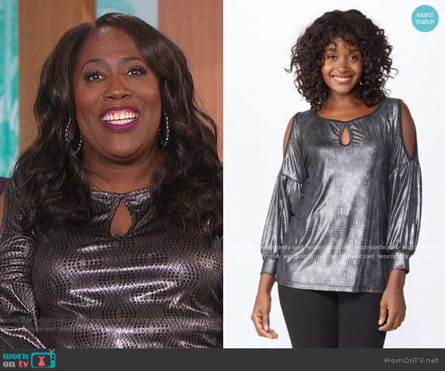 Cold Shoulder Metallic Knit Top by Roz and Ali worn by Sheryl Underwood on The Talk