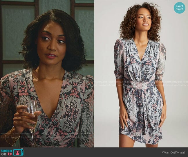 Lacey Printed Dress by Reiss worn by Mercedes Morris on Good Witch