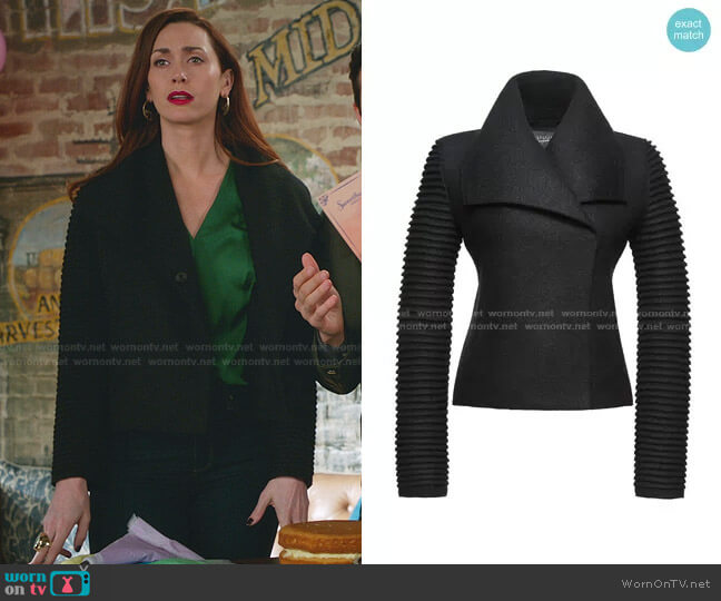Ribbed Sleeve Moto Jacket by Sentaler worn by Abigail Pershing (Sarah Power) on Good Witch