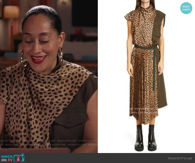 Cheetah Print Mixed Media Pleated Dress by Sacai worn by Rainbow Johnson (Tracee Ellis Ross) on Black-ish