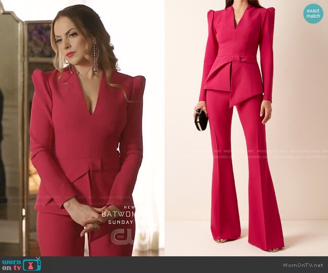 Marisha Asymmetric Heavy Crepe Top and Halluana Stretch-Crepe Flared-Leg Trousers by Safiyaa worn by Fallon Carrington (Elizabeth Gillies) on Dynasty