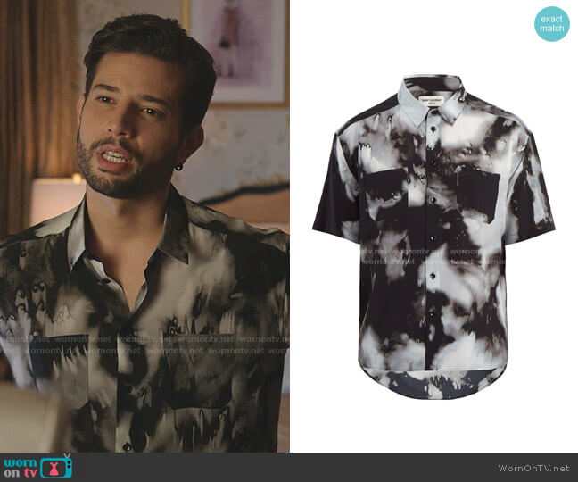 Short-Sleeved Tie-Dye Silk Shirt by Saint Laurent worn by Sam Flores (Rafael de la Fuente) on Dynasty