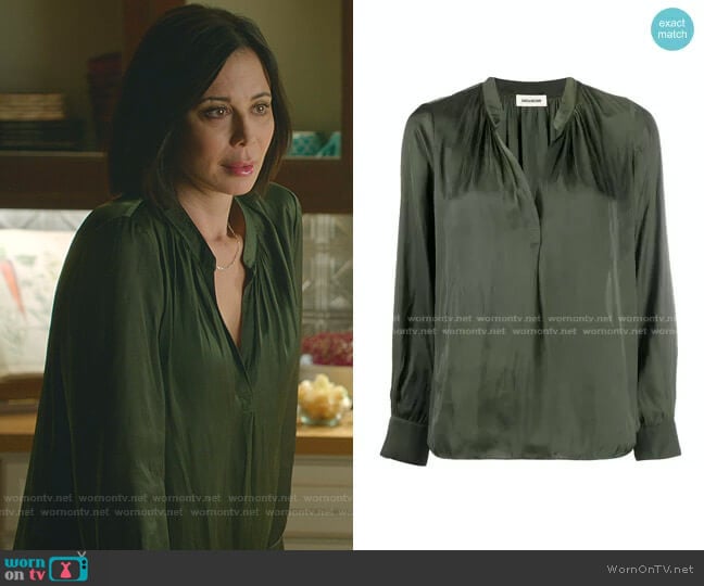 Slit-Neck Satin Blouse by Zadig & Voltaire worn by Cassandra Nightingale (Catherine Bell) on Good Witch