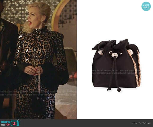 Emmie Satin Drawstring Shoulder Bag by Sophia Webster  worn by Alexis Carrington (Elaine Hendrix) on Dynasty