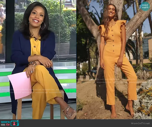 Sunny Day Dreamer Ruffled Button-Front Jumpsuit by Lulus worn by Sheinelle Jones on Today