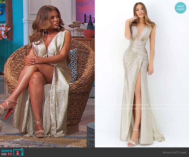 Plunging V-neck Ruched Dress by Tarik Ediz worn by Dolores Catania on The Real Housewives of New Jersey