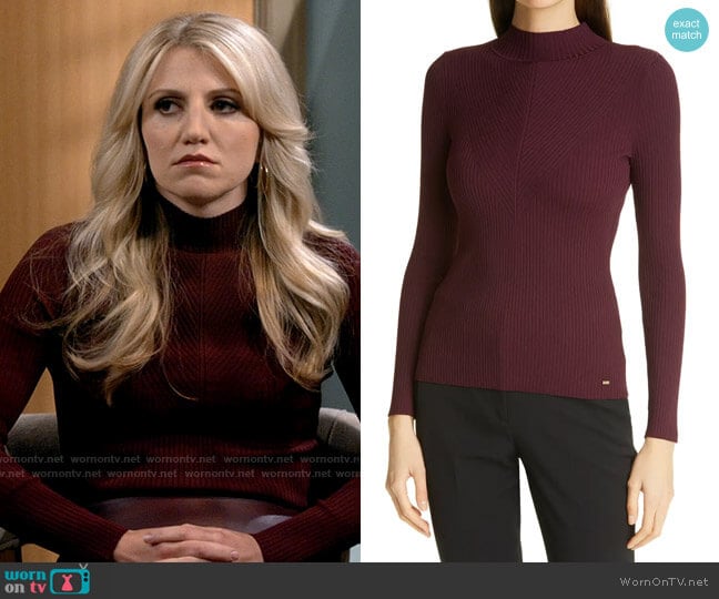 Ted Baker Taralyn Mock Neck Sweater in Oxblood worn by Gina Dabrowski (Annaleigh Ashford) on B Positive