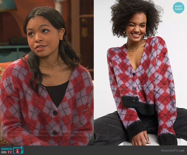 Oversized Cardigan in Argyle Knit by The Ragged Priest worn by Nia Baxter (Navia Robinson) on Ravens Home