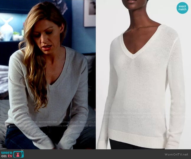 Theory V-Neck Sweater in Feather Cashmere worn by Ava Sharpe (Jes Macallan) on Legends of Tomorrow