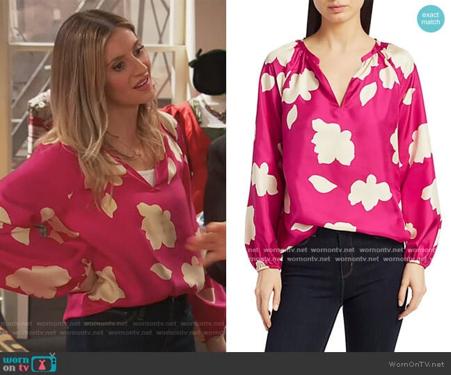 Floral V-Neck Puff-Sleeve Silk Blouse by Theory worn by Chelsea Grayson (Anneliese van der Pol) on Ravens Home