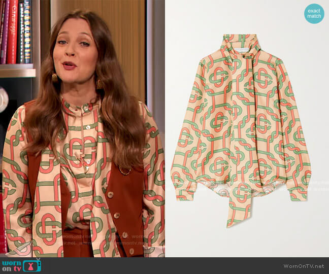 Tie-detailed printed silk-twill blouse by Casablanca worn by Drew Barrymore  on The Drew Barrymore Show