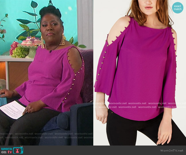 Button-Trim Cold-Shoulder Top by Trina Turk worn by Sheryl Underwood on The Talk