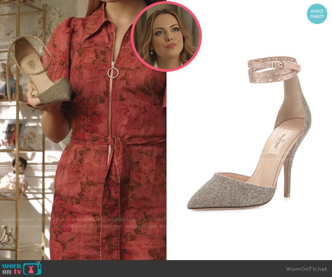 Glitter Pointed-Toe Ankle-Wrap Pump by Valentino Garavani worn by Fallon Carrington (Elizabeth Gillies) on Dynasty