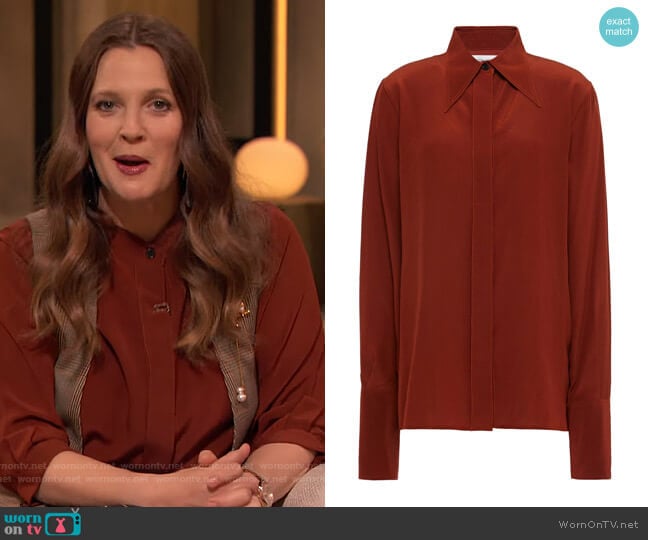 Silk crepe de chine shirt by Victoria Beckham worn by Drew Barrymore on The Drew Barrymore Show