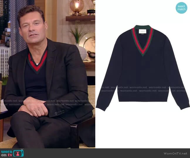 Wool V-Neck Sweater with Web by Gucci worn by Ryan Seacrest on Live with Kelly and Ryan