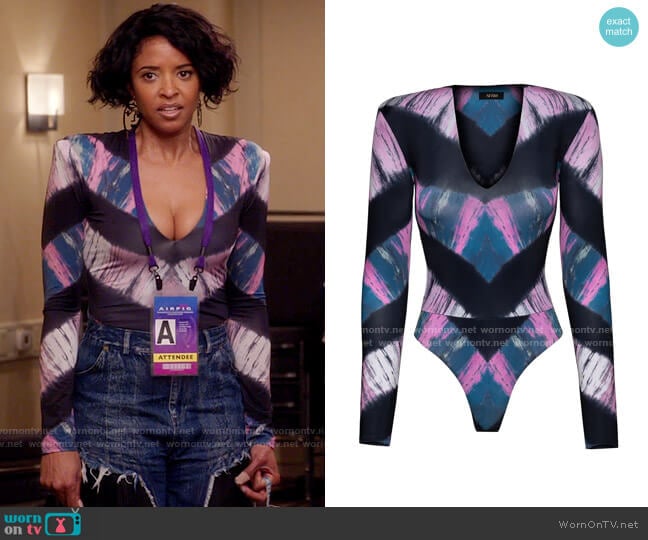 AFRM Sybil Long Sleeve Thong Bodysuit in Pink / Navy Chevron Tie Dye worn by Wickie Roy (Renée Elise Goldsberry) on Girls5eva